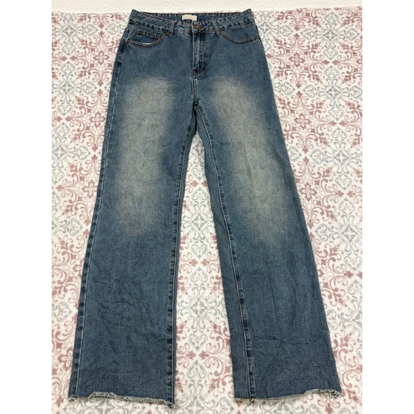 Lilac Sunset Denim - Lilac Sunset Wide Leg Jeans Dark Blue High Rise Raw Hem Size 11/12 1L3847S9